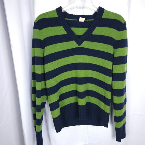 VTG J Crew Mens Large Green Navy Striped V-Neck Lambswool Sweater Made In Japan - Picture 1 of 9